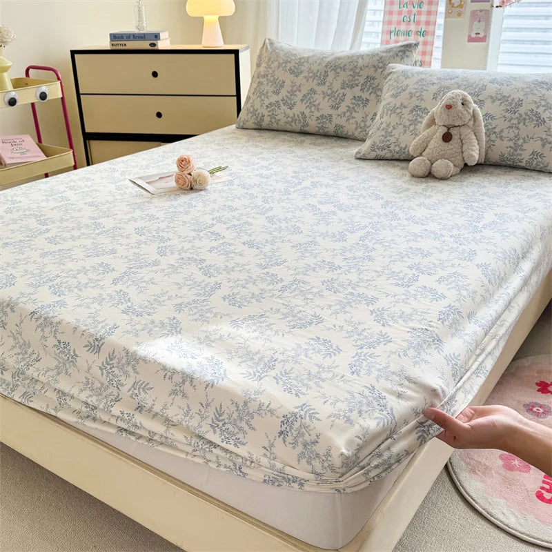 1pc Floral Fitted Bed Sheet Flower Printed Washed Cotton Bed Sheet with Elastic Single/Queen/King Size Bed Fitted Sheets