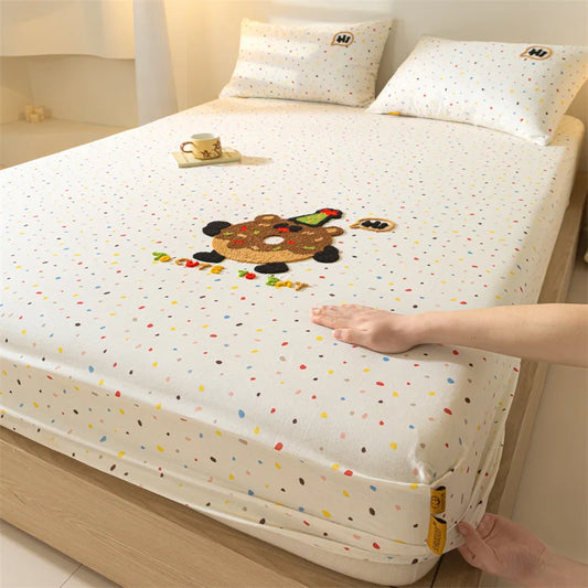 100% Cotton Cartoon Towel Embroidered Fitted Sheet A-Class Single Bed Cover for All Seasons Anti-Slip Mattress Protective Cover