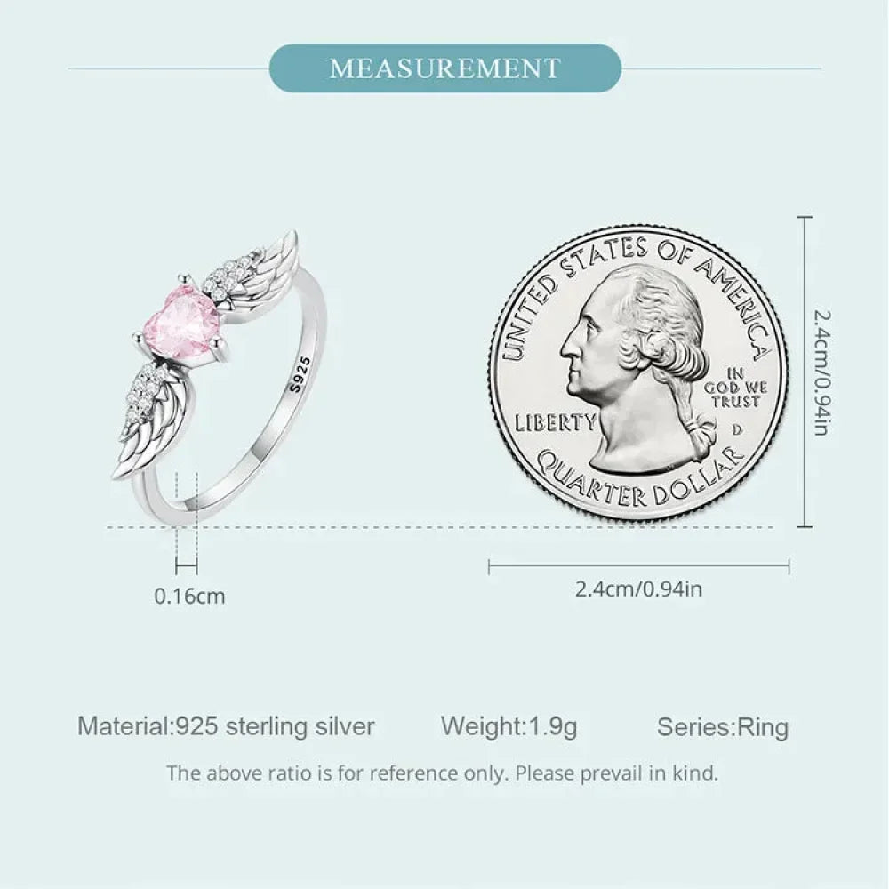 925 Sterling Silver Pink Heart Zircon Ring for Women - Love & Wing Ring