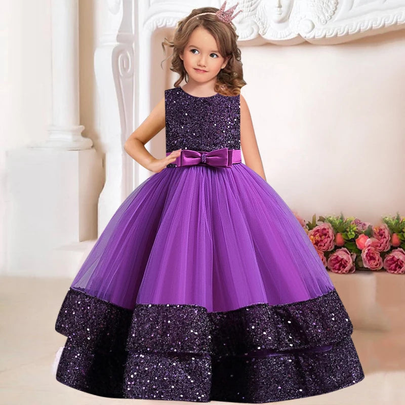 Children's Sequins Bowknot Princess Dress Girls' Fashion Pearl Cake Long Dress Christmas Banquet Host Show Dress