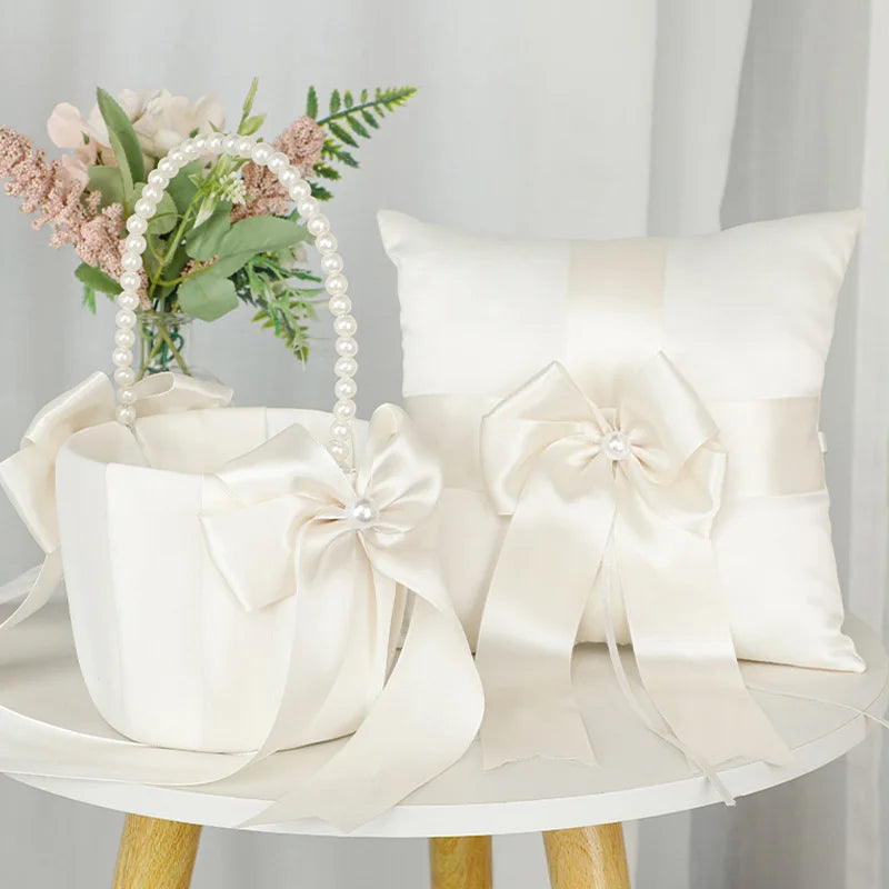New Wedding Ivory Flower Baskets Ribbon Pearls Bow Knot Ring Pillow Cushion Bearer Bridal Party Supplies Gifts Home Decorations