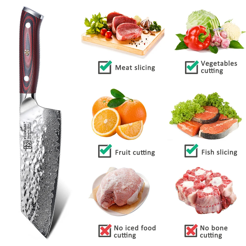 KEEMAKE 7" Inch Nakiri Chef's Knife Damascus Steel Japanese Cleaver Knife Kitchen Ultra Sharp Vegetable Fruit Meat Cutting Knife
