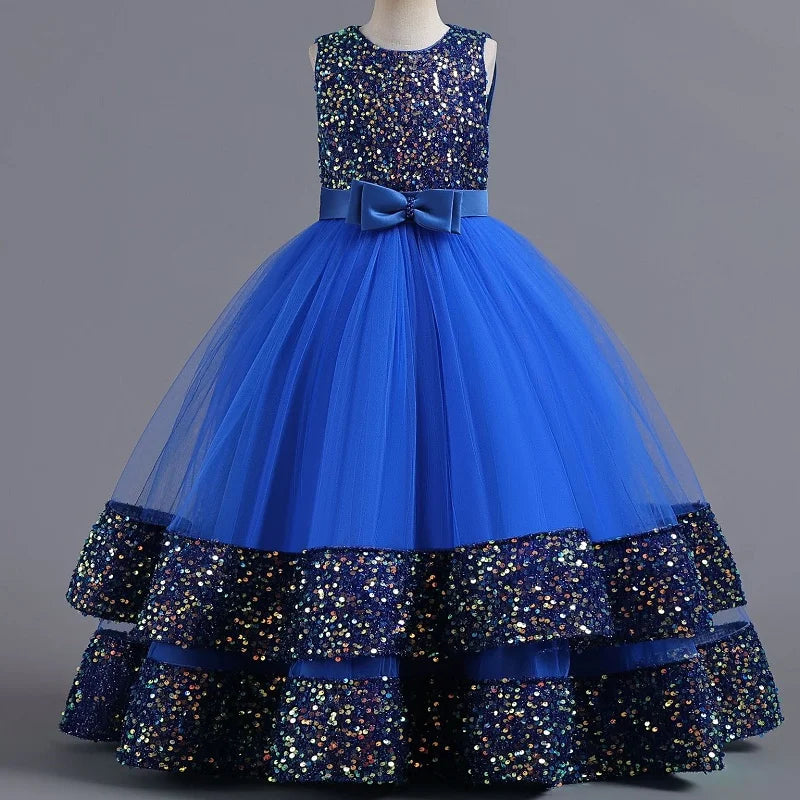 Children's Sequins Bowknot Princess Dress Girls' Fashion Pearl Cake Long Dress Christmas Banquet Host Show Dress