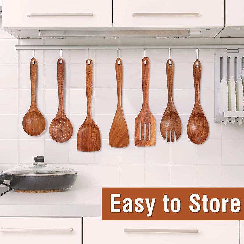 YWDL Natural Teak Cooking Spoon Scoop Kitchen Wooden Spatula Non-stick Utensils Set For Cooking With Hanging Hooks Cookware Tool