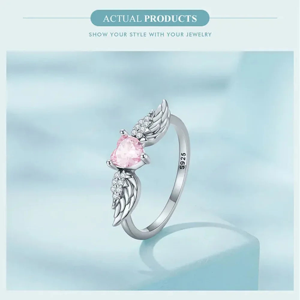 925 Sterling Silver Pink Heart Zircon Ring for Women - Love & Wing Ring