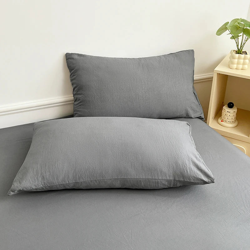 Washed Cotton Solid Color Fitted Sheet with Elastic Bands Non Slip Adjustable Mattress Cover Printed for Double King Queen