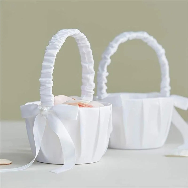 20cm White Girls Flower Basket Silk Wedding Basket for Flower Bride Girls Kids Hand Held Wedding Ceremony Party Decorations