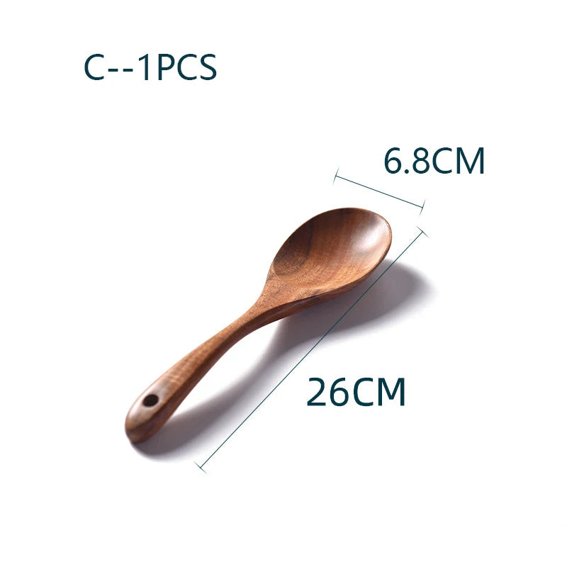 YWDL Natural Teak Cooking Spoon Scoop Kitchen Wooden Spatula Non-stick Utensils Set For Cooking With Hanging Hooks Cookware Tool