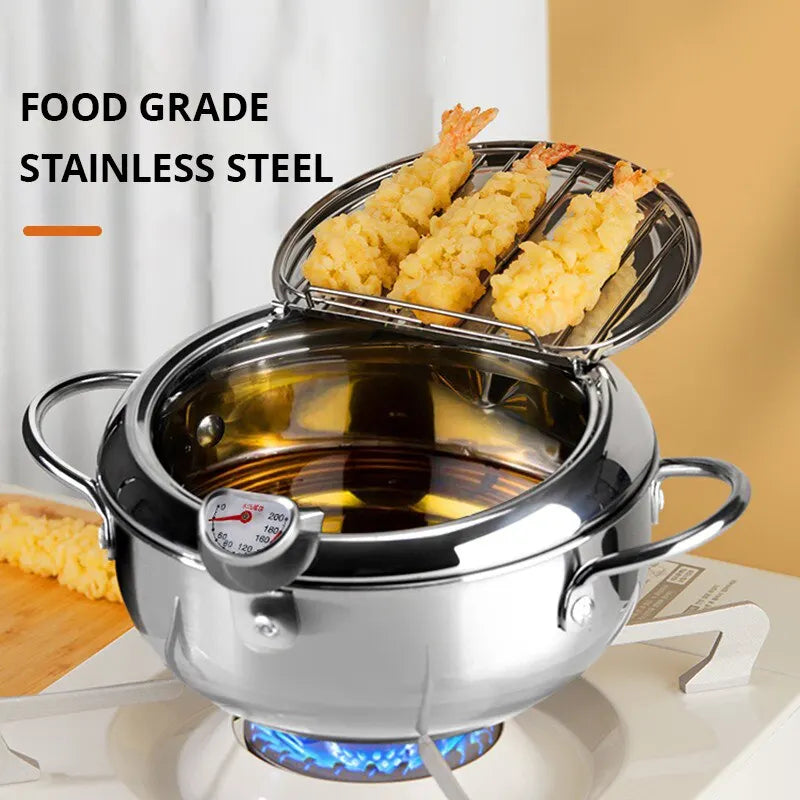 3.2L Stainless Steel Oil Pan with Thermometer Fryer with Lid Silver-1