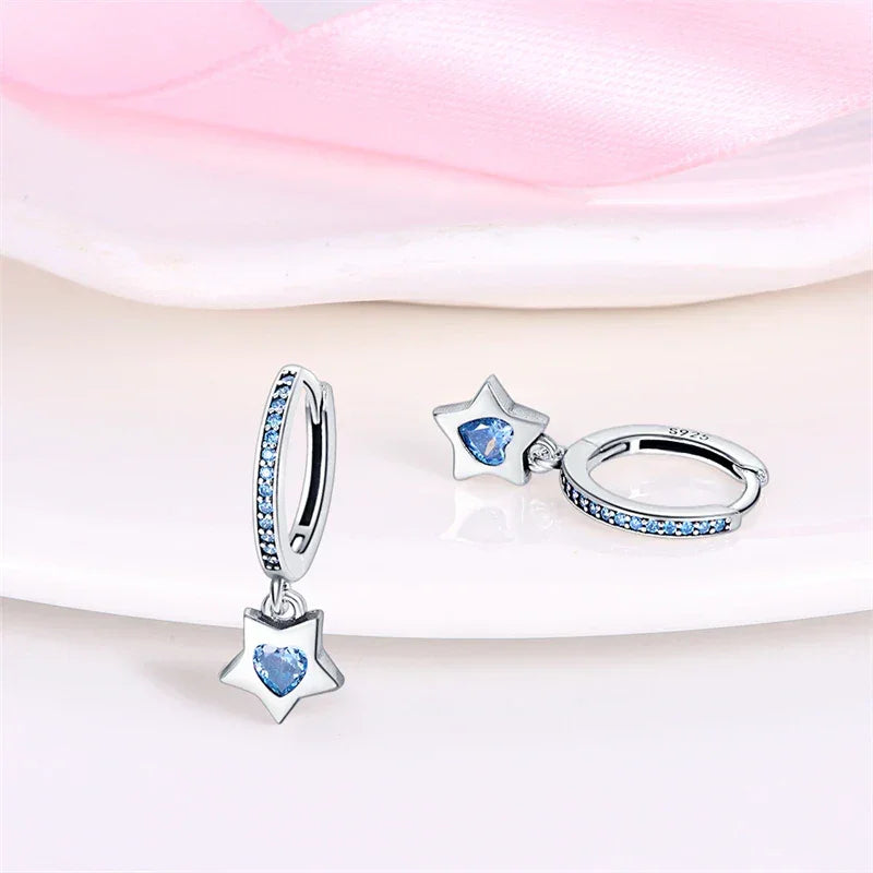 Celestial Charm Sterling Silver Hoop Earrings With Blue Star And Heart