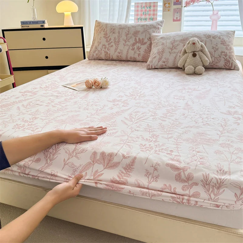 1pc Floral Fitted Bed Sheet Flower Printed Washed Cotton Bed Sheet with Elastic Single/Queen/King Size Bed Fitted Sheets