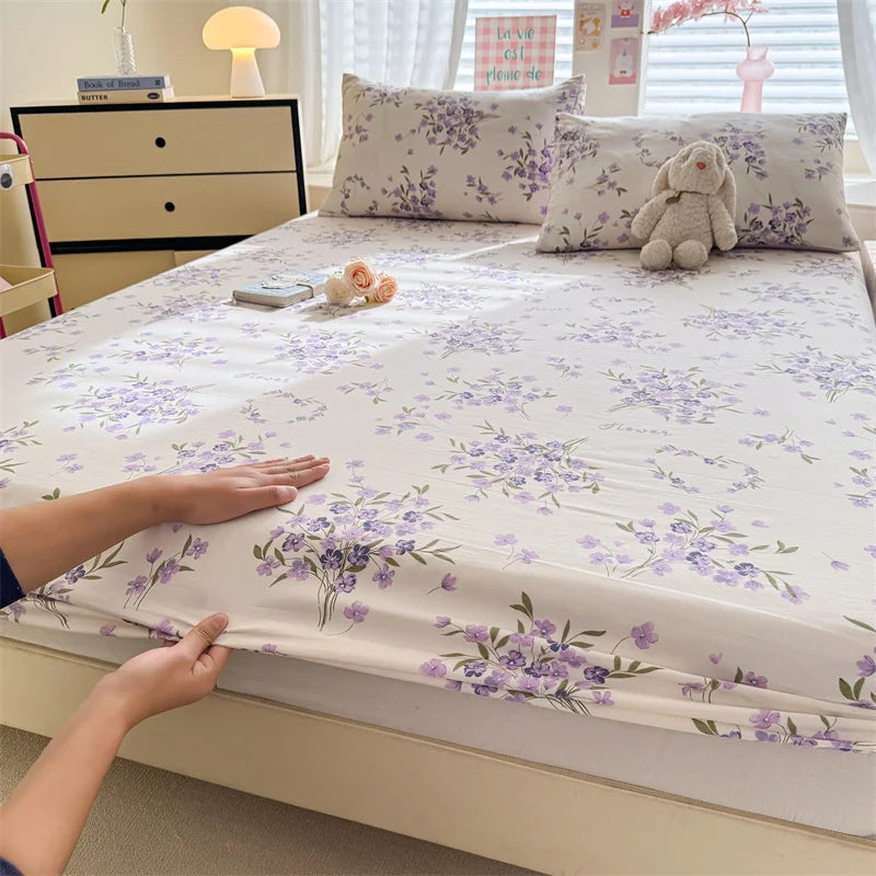 1pc Floral Fitted Bed Sheet Flower Printed Washed Cotton Bed Sheet with Elastic Single/Queen/King Size Bed Fitted Sheets