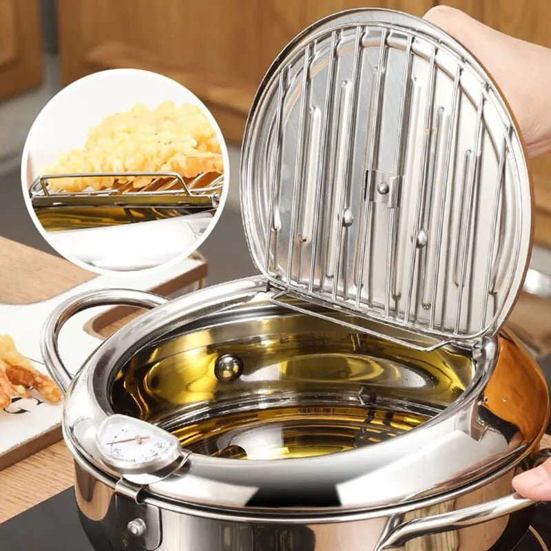 3.2L Stainless Steel Oil Pan with Thermometer Fryer with Lid Silver-2