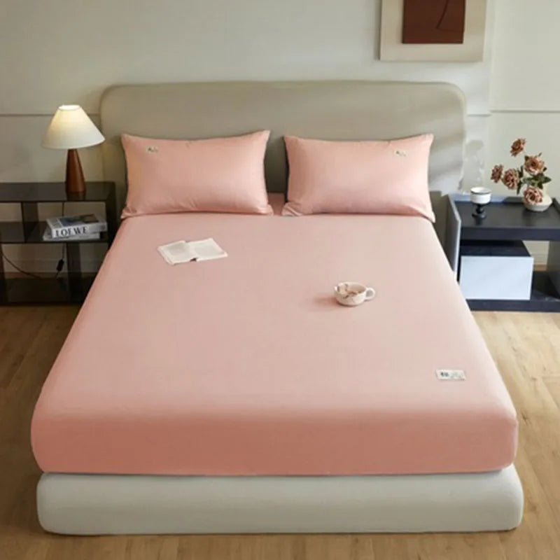 Pure Cotton Solid Anti-Slip Fitted Sheet European Skin-Friendly Mattress Protector for Bedroom Soft Dust Cover for All Seasons