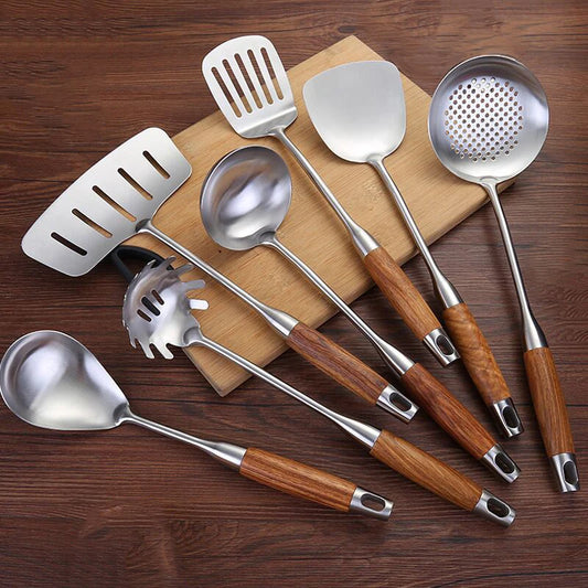 7-Piece Cooking Tools Set, 304 Stainless Steel Kitchen Utensils with Wooden Handle - Turner Soup Spoon Strainer Fish Spatula