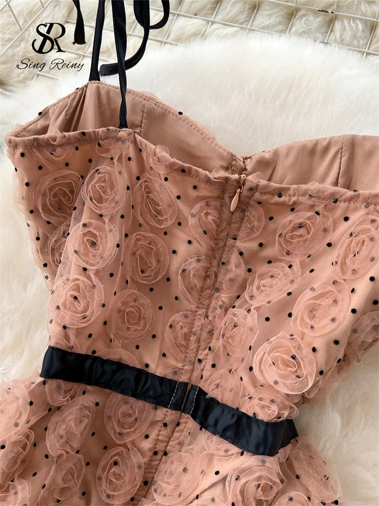 SINGREINY 3D Roses Mesh Straps Dress Polka Dots Backless Zipper Irregular Sundress Women French Senior Chic Evening Long Dress