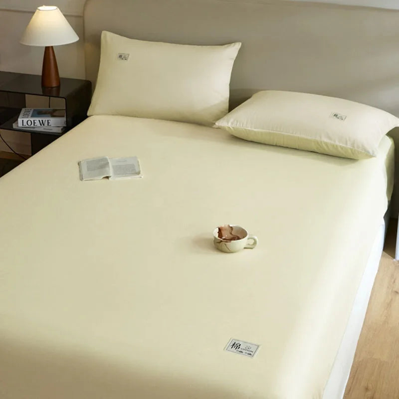 Pure Cotton Solid Anti-Slip Fitted Sheet European Skin-Friendly Mattress Protector for Bedroom Soft Dust Cover for All Seasons