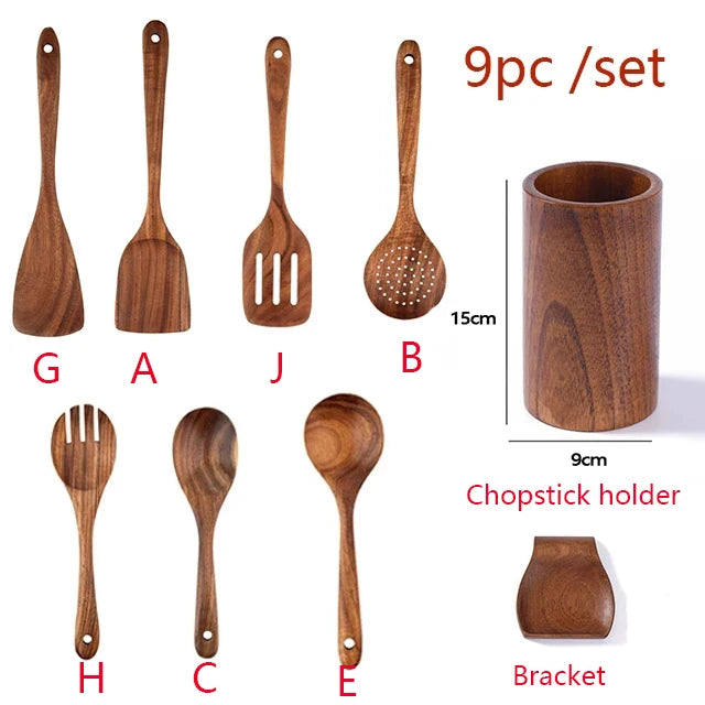 YWDL Natural Teak Cooking Spoon Scoop Kitchen Wooden Spatula Non-stick Utensils Set For Cooking With Hanging Hooks Cookware Tool