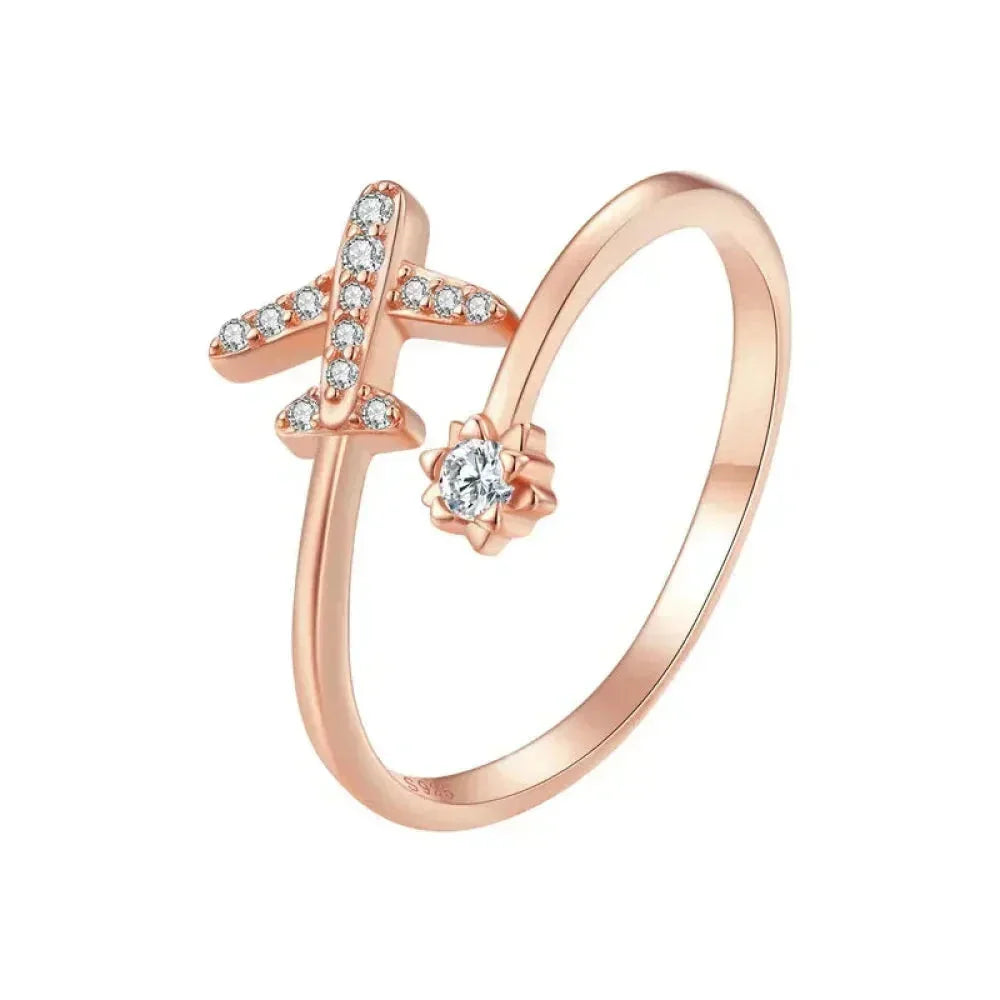 Genuine 925 Sterling Silver Flying Plane Open Adjustable Ring With Clear Cz - Fine Jewelry
