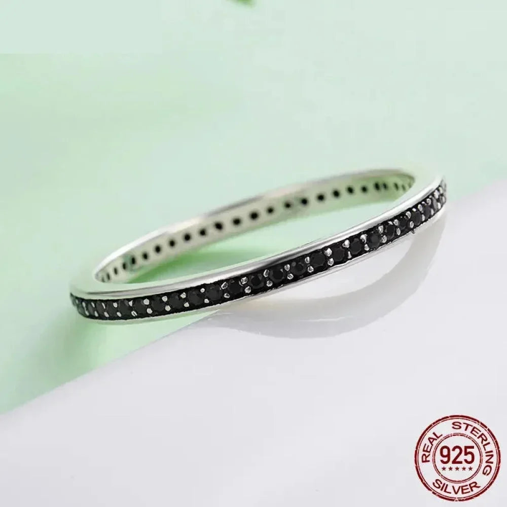 Breathtaking 925 Sterling Silver Double Circle Black Clear Cz Stackable Ring