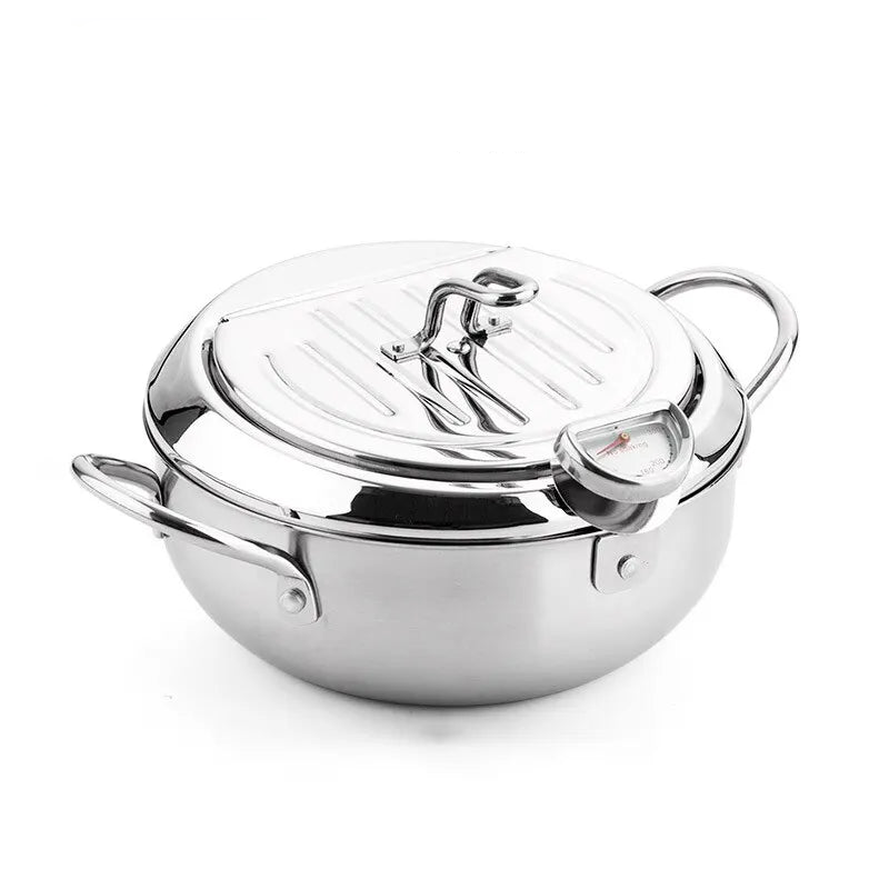 3.2L Stainless Steel Oil Pan with Thermometer Fryer with Lid Silver-0