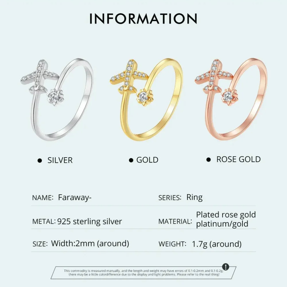 Genuine 925 Sterling Silver Flying Plane Open Adjustable Ring With Clear Cz - Fine Jewelry