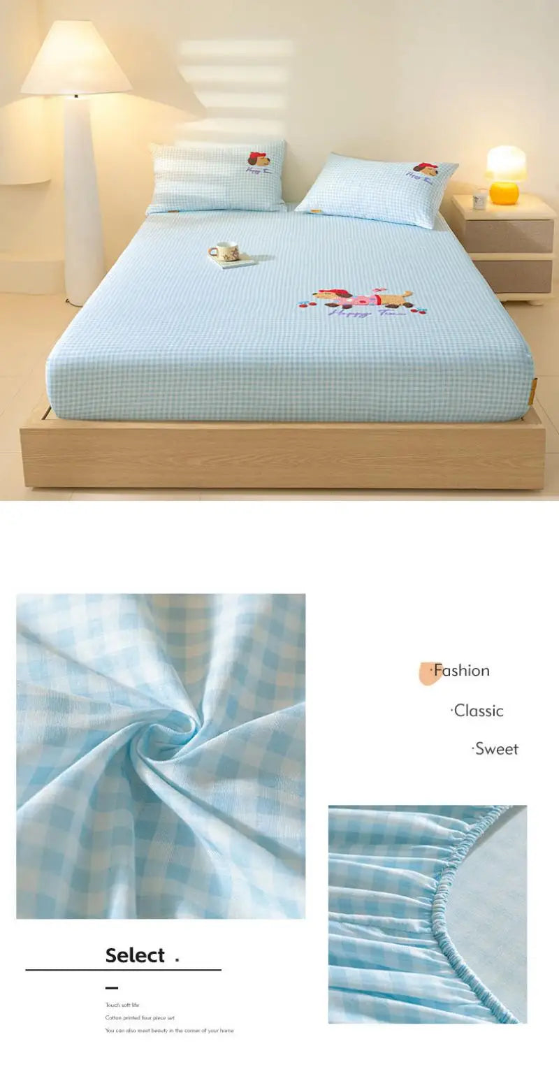 100% Cotton Cartoon Towel Embroidered Fitted Sheet A-Class Single Bed Cover for All Seasons Anti-Slip Mattress Protective Cover