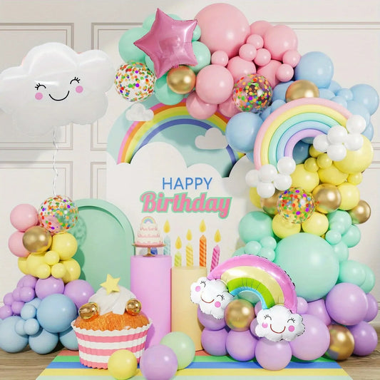 136pcs Macaron Colored White Cloud Balloon Arch Set for Birthdays, Baptisms and General Celebrations Without Electricity