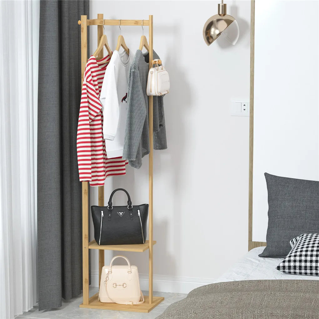 Yellow Bamboo Garment Rack with 2 Tier Shelves - Free-Standing Wooden Clothing Rack-1