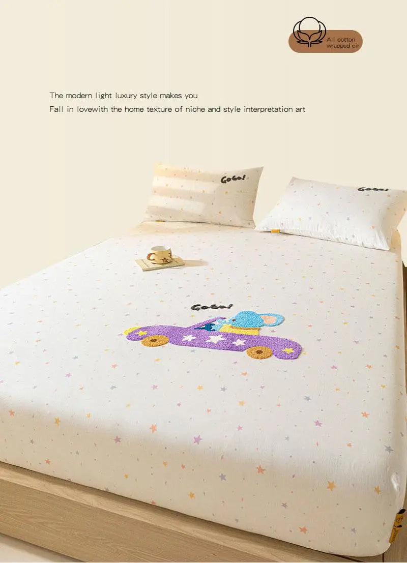 100% Cotton Cartoon Towel Embroidered Fitted Sheet A-Class Single Bed Cover for All Seasons Anti-Slip Mattress Protective Cover