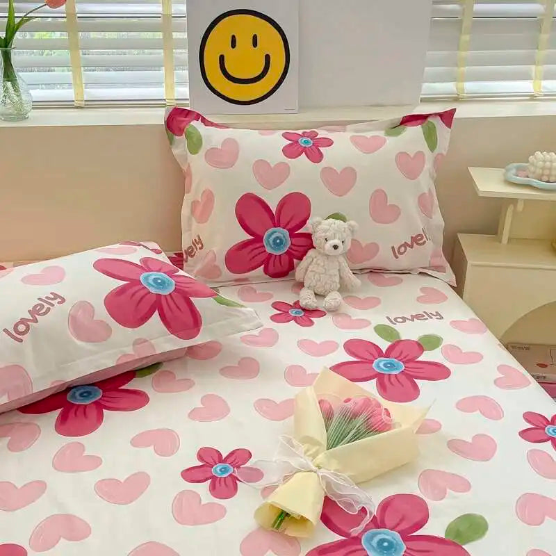 100% Cotton Floral Fitted Sheet Set - Includes Pillowcase, Single/Queen/King Size Mattress Covers(Breathable)