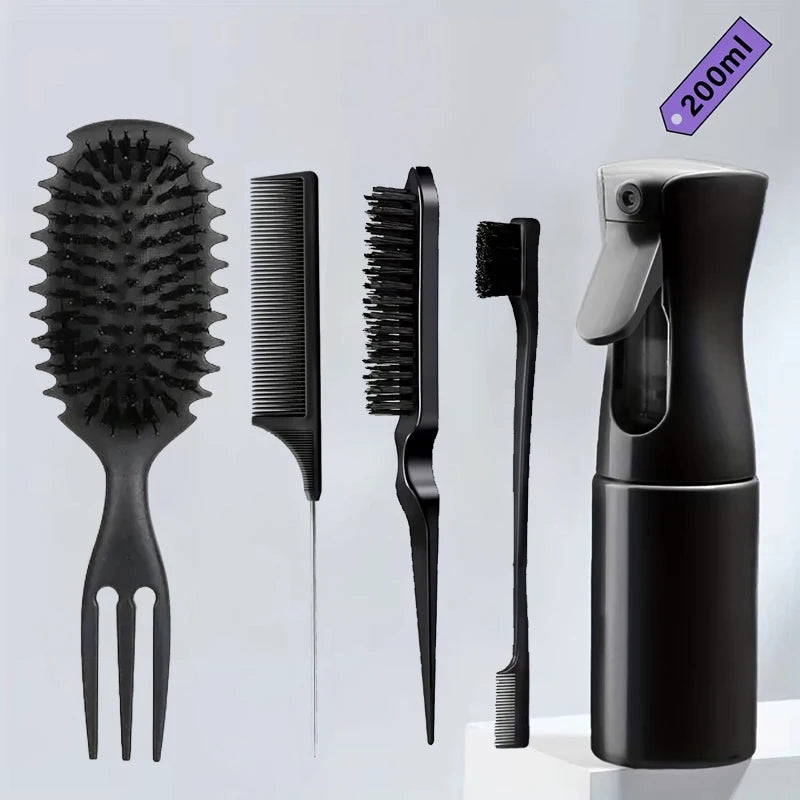 5-pcs Detangling Styling Set: Spray Bottle 3-in-1 Roll Hair Comb Curved Rat Tail Comb Edge Control Brush Salon Hairdressing Tool