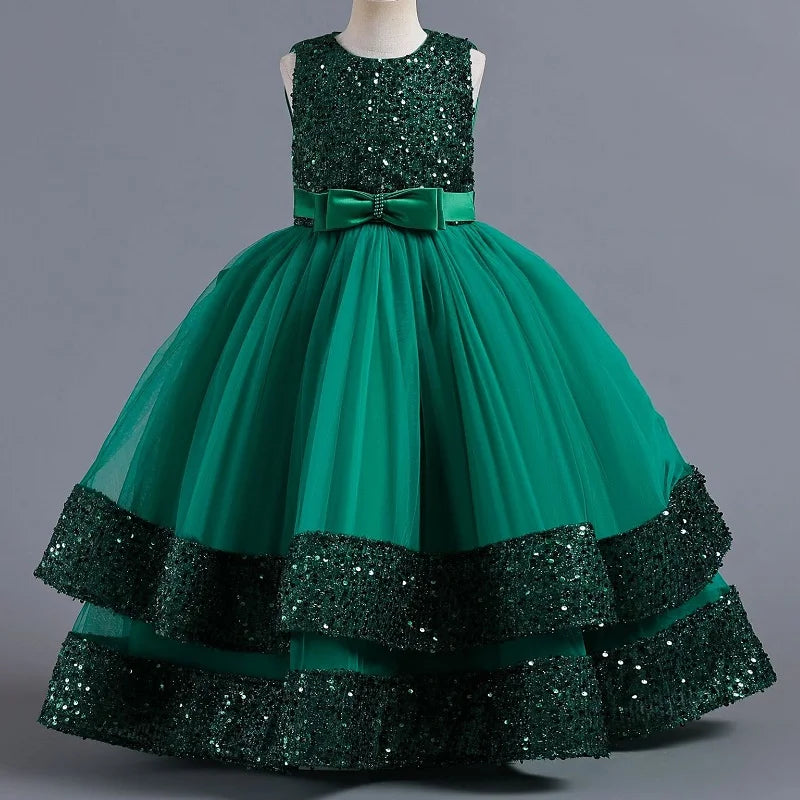 Children's Sequins Bowknot Princess Dress Girls' Fashion Pearl Cake Long Dress Christmas Banquet Host Show Dress