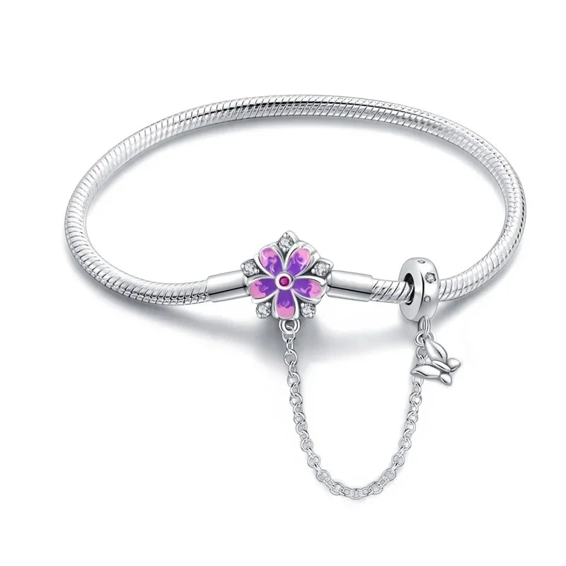 Enchanting Floral Sterling Silver Charm Bracelet With Safety Chain