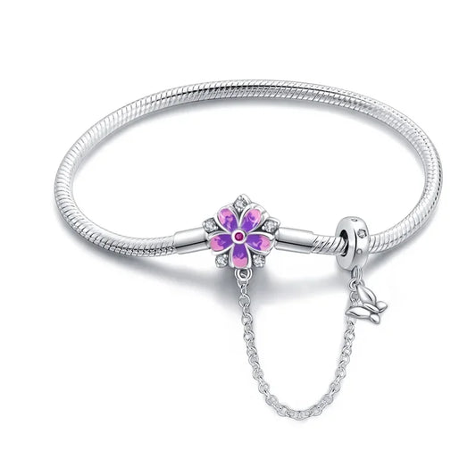 Enchanting Floral Sterling Silver Charm Bracelet With Safety Chain
