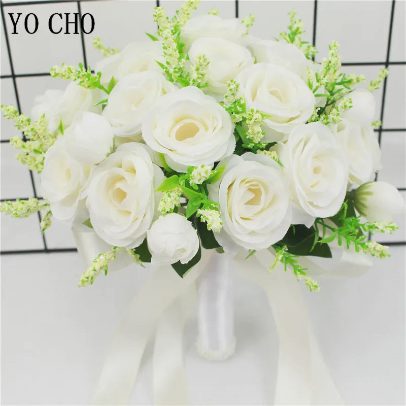 Bridal Bridesmaid Wedding Bouquet White Pink Champagne Artificial Rose Bride Holding Flowers Mariage Decor Wedding Accessories