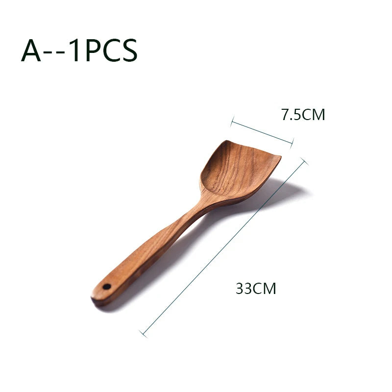 YWDL Natural Teak Cooking Spoon Scoop Kitchen Wooden Spatula Non-stick Utensils Set For Cooking With Hanging Hooks Cookware Tool