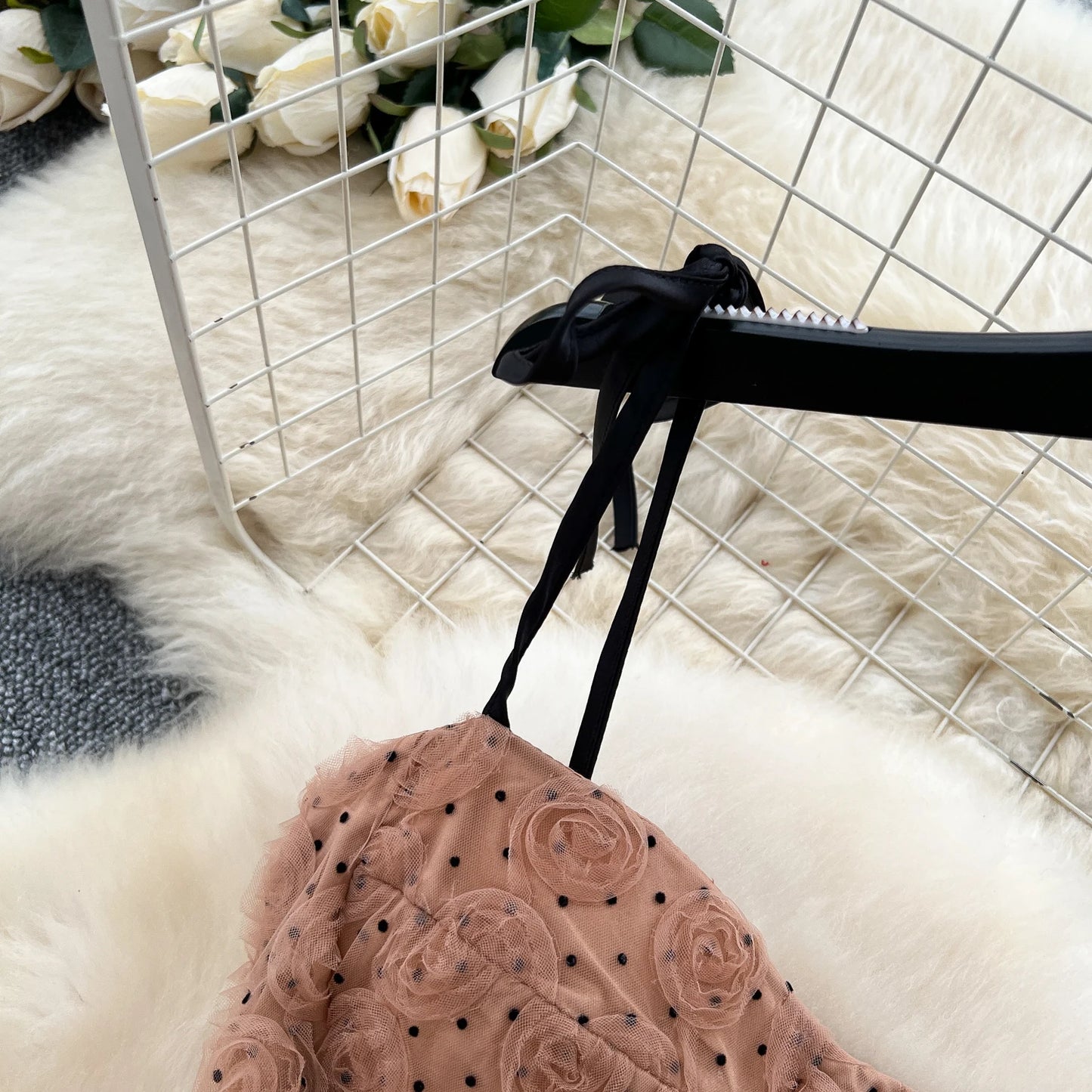 SINGREINY 3D Roses Mesh Straps Dress Polka Dots Backless Zipper Irregular Sundress Women French Senior Chic Evening Long Dress