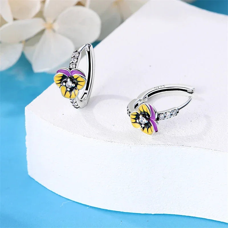 Elegant Pansy Flower Sterling Silver Hoop Earrings With Cubic Zirconia