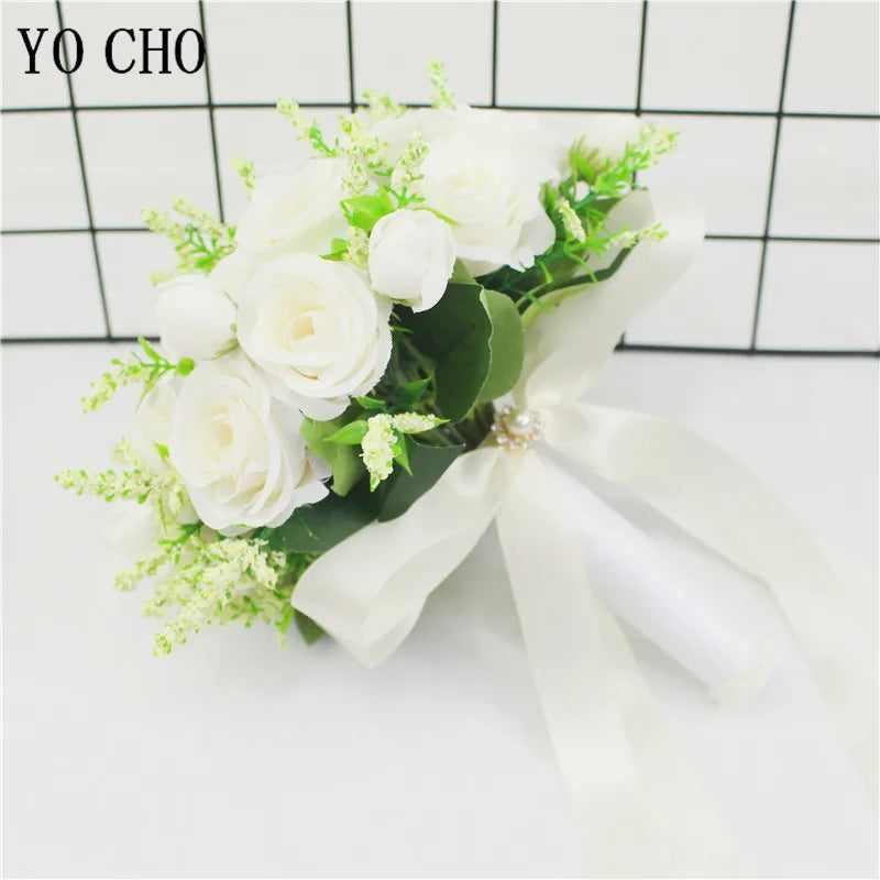 Bridal Bridesmaid Wedding Bouquet White Pink Champagne Artificial Rose Bride Holding Flowers Mariage Decor Wedding Accessories