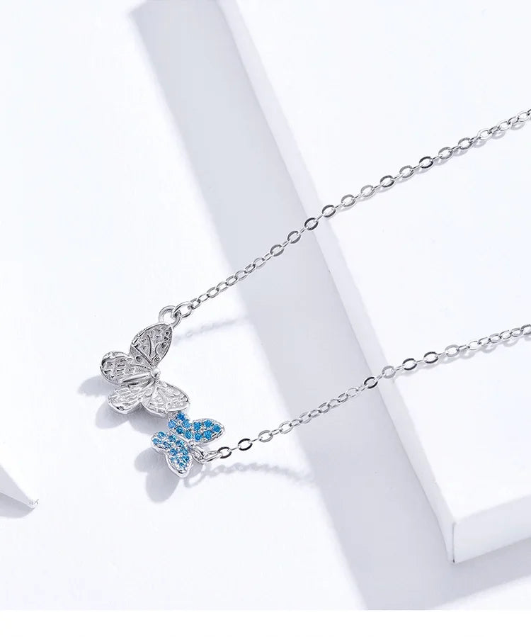 Soar with Style: Blue Zircon Korean Style Sterling Silver Butterfly Necklace