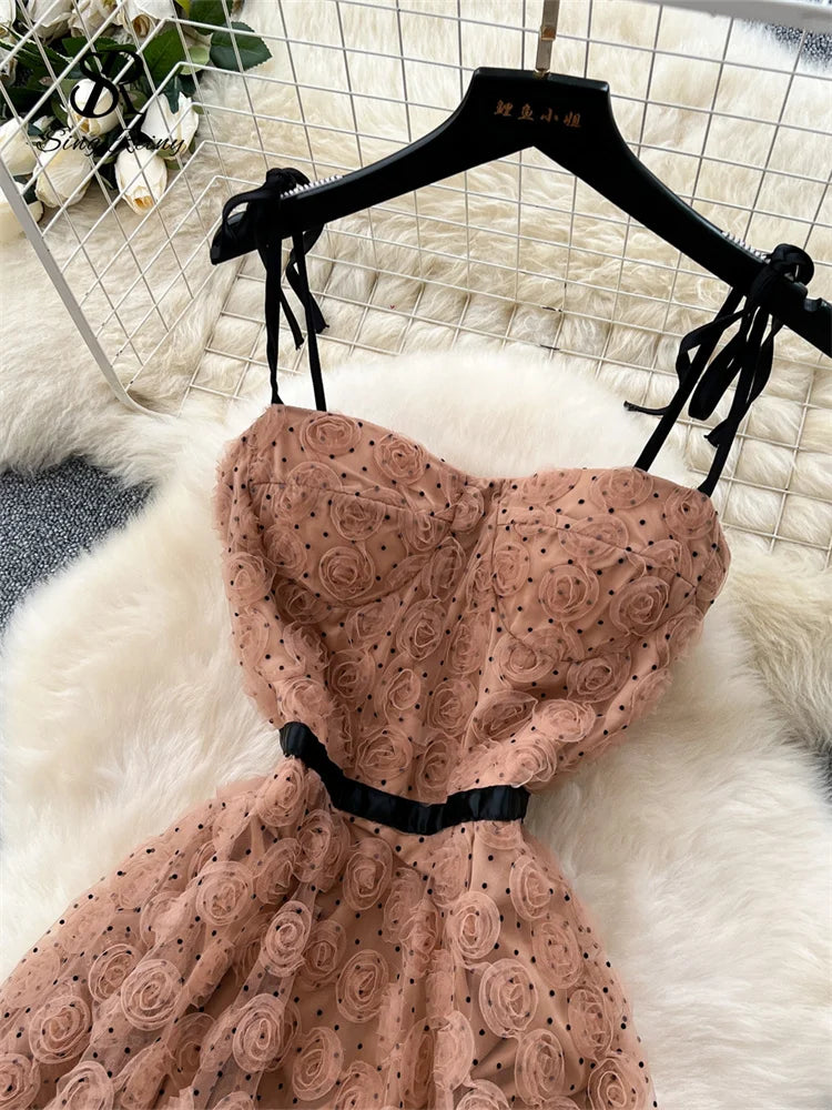SINGREINY 3D Roses Mesh Straps Dress Polka Dots Backless Zipper Irregular Sundress Women French Senior Chic Evening Long Dress