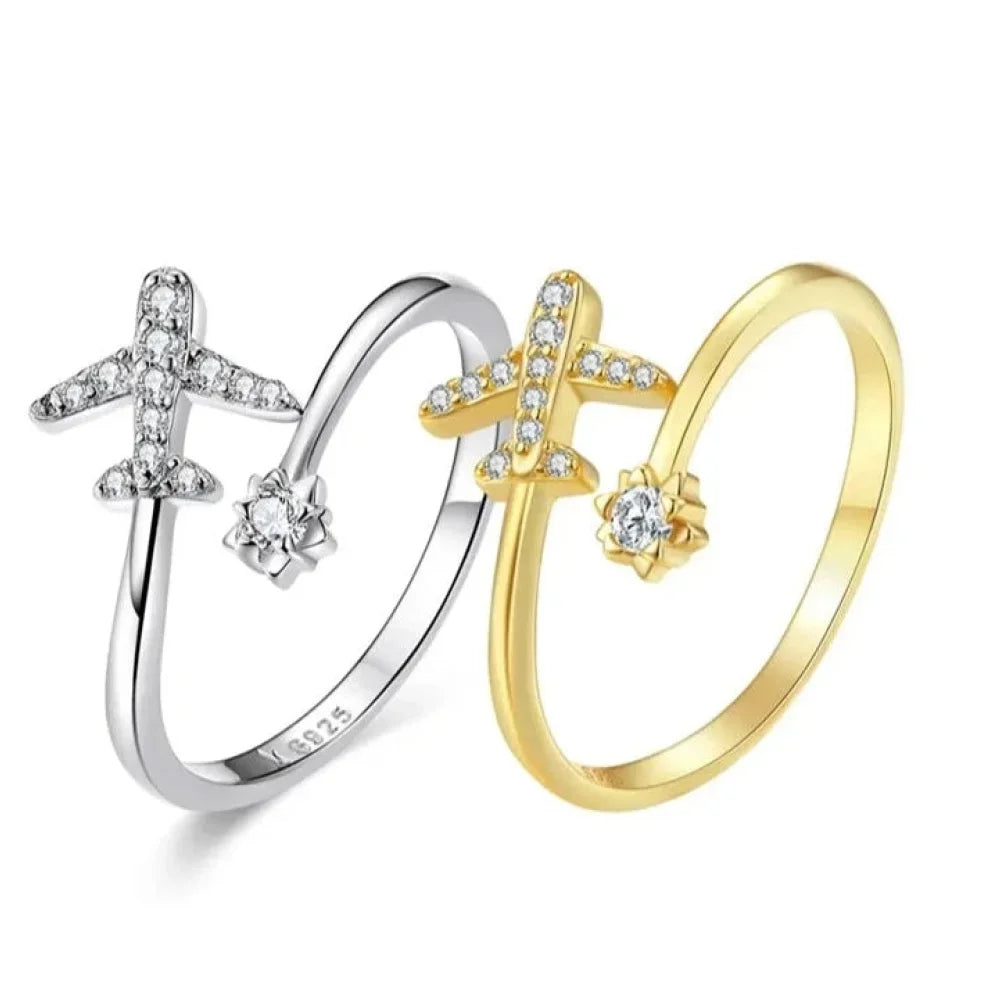 Genuine 925 Sterling Silver Flying Plane Open Adjustable Ring With Clear Cz - Fine Jewelry