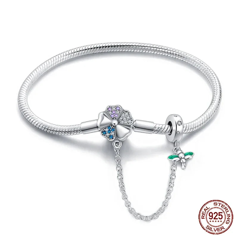 Delicate Sterling Silver Bracelet With Clover And Dragonfly Charms