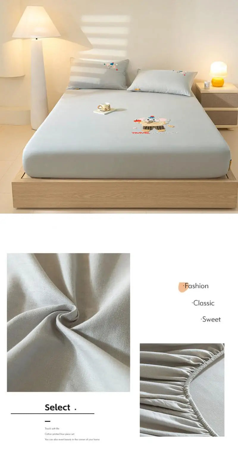 100% Cotton Cartoon Towel Embroidered Fitted Sheet A-Class Single Bed Cover for All Seasons Anti-Slip Mattress Protective Cover