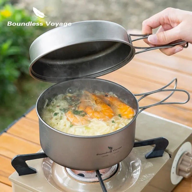Titanium Camping Cookware Set Pan with Folding Handles Silver-4