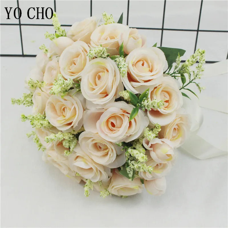 Bridal Bridesmaid Wedding Bouquet White Pink Champagne Artificial Rose Bride Holding Flowers Mariage Decor Wedding Accessories