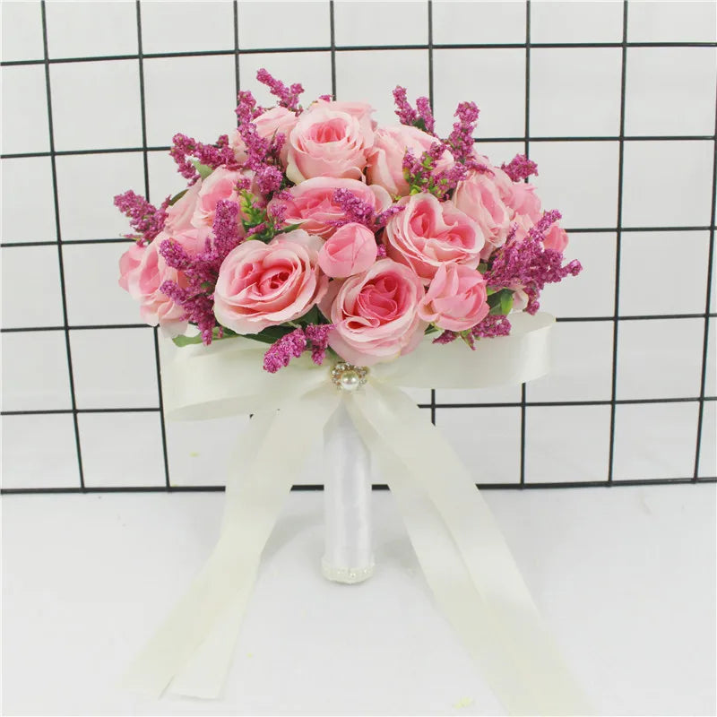 Bridal Bridesmaid Wedding Bouquet White Pink Champagne Artificial Rose Bride Holding Flowers Mariage Decor Wedding Accessories