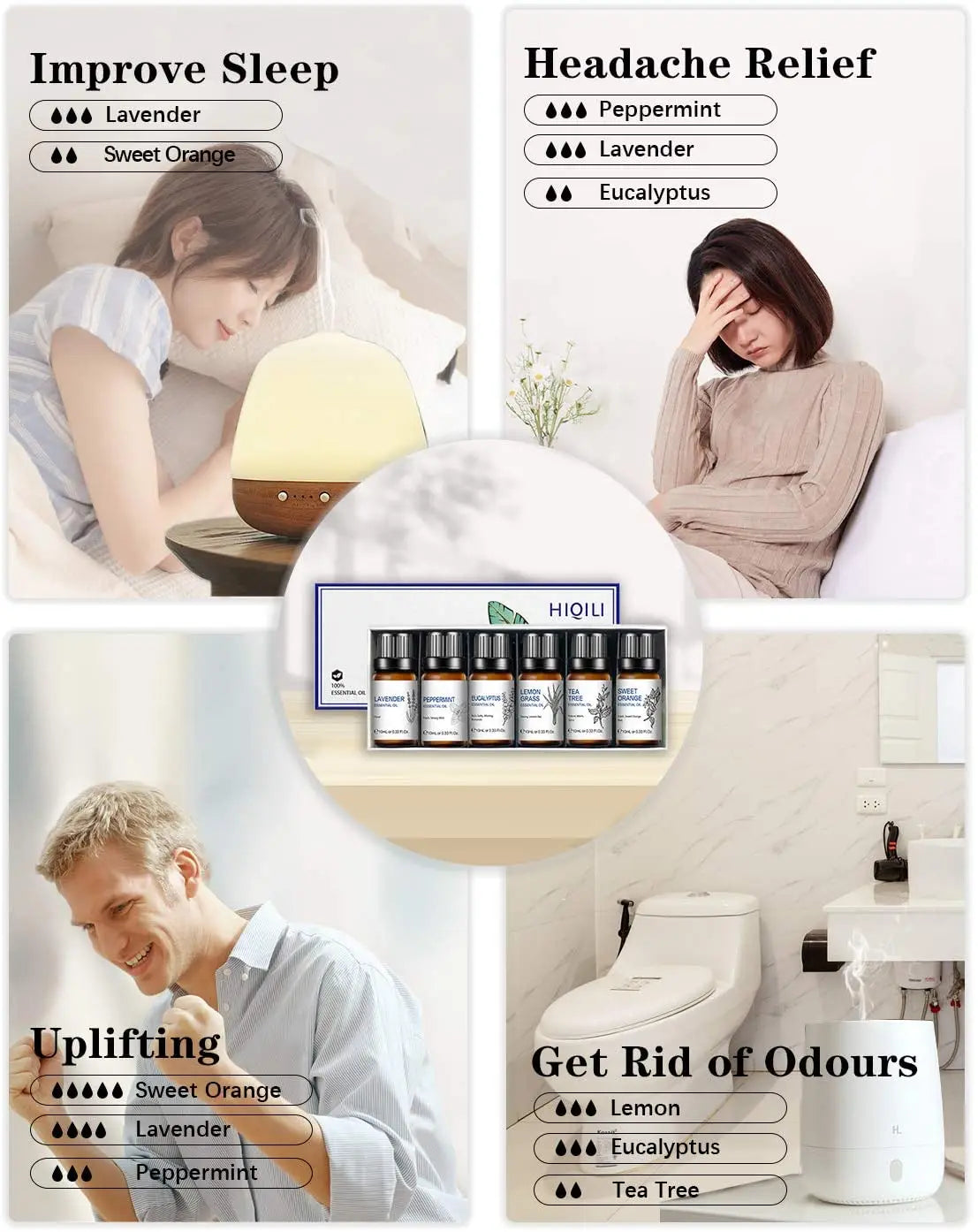 HIQILI Essential Oils Set, Pure Nature Plant Oil for Diffuser Humidifier Hair Skin Care Massage Candle Making-6PCS*10mL