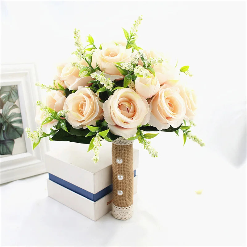 Bridal Bridesmaid Wedding Bouquet White Pink Champagne Artificial Rose Bride Holding Flowers Mariage Decor Wedding Accessories